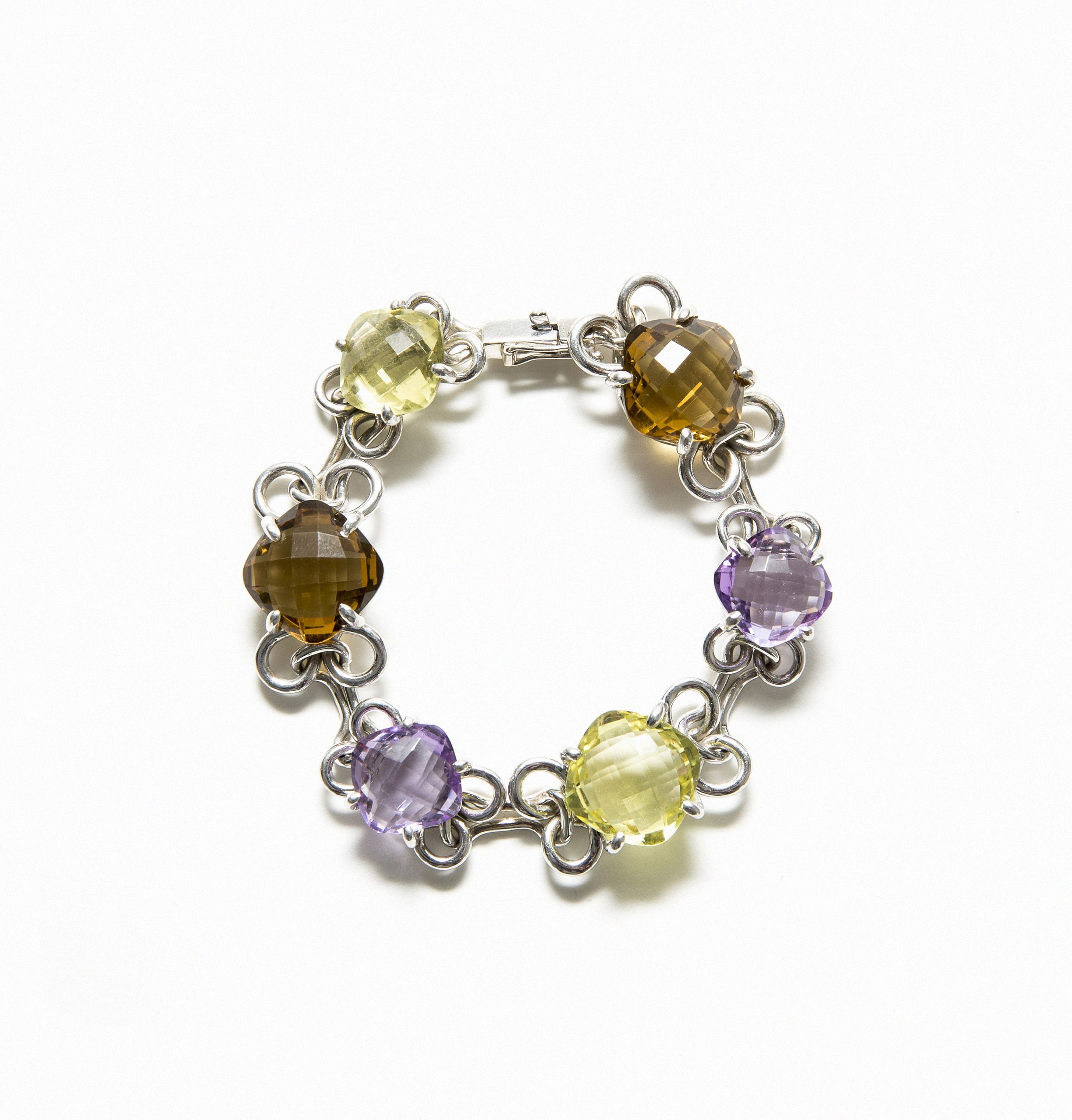 Articulated silver bracelet with Lemon, smoky and amethyst quartz
